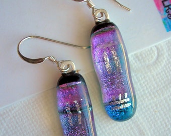 Blue Violet with Silver Earrings, Dichroic Glass, 925 Sterling Earwires, Fused Glass Jewelry, Purple Sparkle Earrings, Dangle Drop Earrings