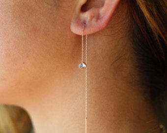 Sterling Silver Threader Chain Earring / Stone and Chain Earring - Cubic Zirconia