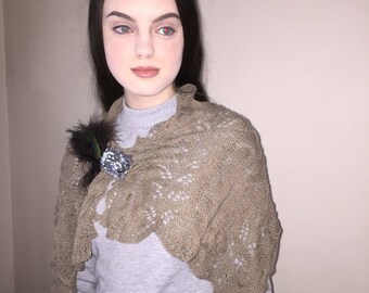 Lace and Cable Taupe Cashmere Scarf