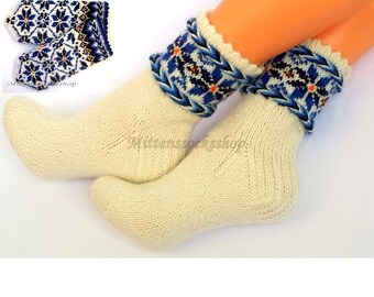 White Blue Hand Knitted Wool Socks White Blue Women's Socks White Blue Girl's Socks Natural Wool Men's Socks Winter Socks Patterned Socks