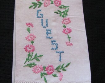 Towel Vintage Embroidered Ivory Cotton Linen Kitchen Hand Towel