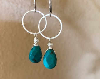 Small sterling hoops with turquoise