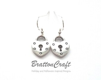 Silver Heart Lock Earrings - Silver Heart Earrings - Mother's Day Earrings - Valentine Earrings - Heart Lock Charm Earrings