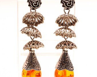 BALTIC AMBER JHUMKI Silver Earrings 3"