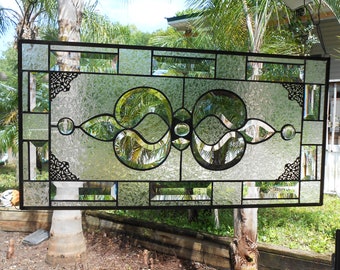 Beveled Stained Glass Panel, Traditional Crystal / Frosted Stained Glass Transom Window, Vintage Stained Glass Window, Antique Glass Valance