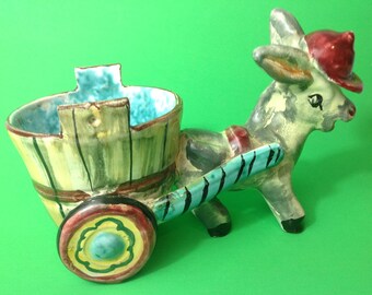 Ceramic hand painted donkey and cart planter Made in Italy