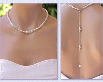 Pearl Back Drop Necklace, Pearl Necklace, Pearl Bridal Necklace, Back Necklace, Bridal jewelry