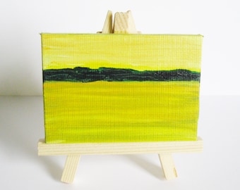 Abstract Landscape Painting Miniature Original Oil Painting with Easel 2.5 x 3.5 Gallery Wrap Canvas Yellow Sky Kathleen Daughan Art AL2