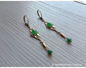 Art deco earrings with green agate cabochon, Isolde collection