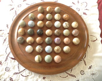 HUGE AWESOME 22", Solitaire Game, Vintage French, Individual Antique, Semi-Precious Mineral Stone Marbles on Hardwood Playing Board.