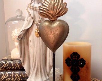 Ex-Votos Milagros Flaming Heart Religious Tin Sacred Heart on stand locket Brass Gold Color Single item