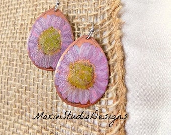 Pink Flower Earrings, Copper Earrings, Summer Earrings, Pink Earrings, Bohemian Earrings, Boho Earrings, Etched Copper Earrings