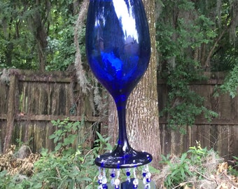 Cobalt Blue Wine Glass Upcycled into a Windchime, Cobalt Stained Glass Chimes, Wind Chime, Crystals, Glass Beads, Repurpose