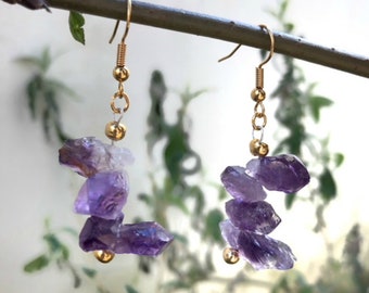 Amethyst earrings, raw crystal earrings, healing crystal, gemstone earrings, Bohemian earrings, dangle earrings, gift for her, jewelry gift