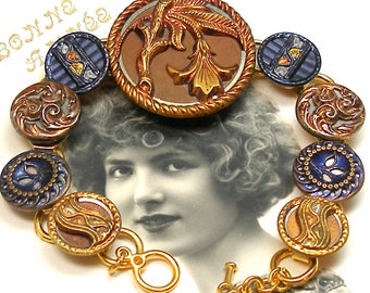Antique BUTTON bracelet, Victorian Autumn leaves, 7.5 inch. One of a kind jewellery.
