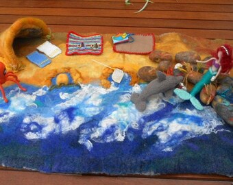 Beach play mat, seaside play mat, felted play mat, ocean play scape, Waldorf, Pre School, play school, mermaid, dolphin, octopus,rock pools