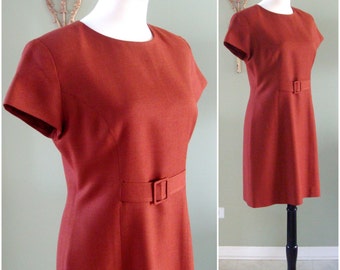 Vintage Wool Dress, 90s Rust Wool Shift Dress, Wool Burnt Orange Short Shift Dress, Rust Shift Dress with Cap Sleeves by Barami Size S / M