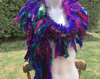 sale Purple Blue silk scarf, multicolored silk scarf, recycled silk scarf, hand knitted silk scarf, boho tattered rag scarf