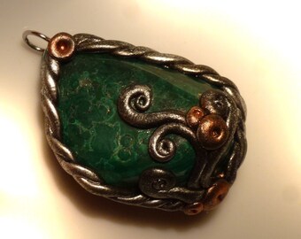 Pendant with malachite, 40 mm, pendant, Polymer clay
