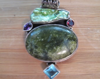 Ocean Jasper/BIWA Pearl and Aquamarina Pendant .925 Silver