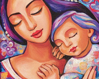 Mother child, motherhood art, nursery wall art, beauty painting, mother son, feminine decor print 8x11+