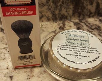 JuniperSage Shaving Soap * Shaving brush * Glass Shaving bowl handmade soap with bentonite clay for a smooth shave