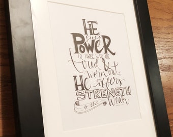 Isaiah 40:29 hand drawn and lettered print.