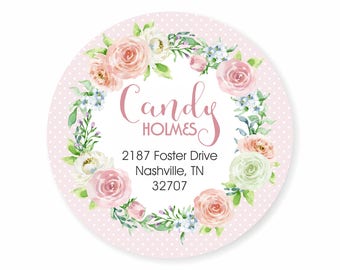 Pastel Rose Watercolor Wreath Address Labels Stickers Pink Green Polka Dots