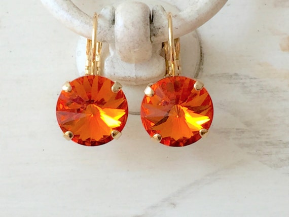 Tangerine Swarovski Crystal Earrings, Yellow Gold