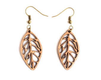 Leaf earrings - long dangle earrings - laser cut wooden jewelry - nature jewelry