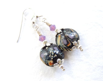 Nebula Earrings, Galaxy Earrings, Glass Dangle Earrings, Black Purple Lampwork Earrings, Accessories, Gift for Her