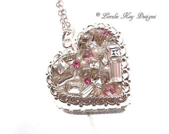 Rhinestone Heart Necklace Fine Silver Plated Elegant Heart Pendant Lorelie Kay Original