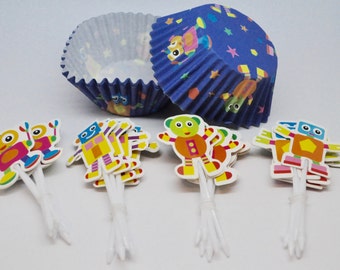 SALE ROBOT Deluxe Cupcake Kit - QTY 24 - Cupcake Pick - Cupcake Wrappers - Robot party - Robot cupcake topper