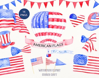 American Flag Clip Art - Watercolor Air balloon, American hat, ribbons, buntings for instant download for celebrating, independence day,