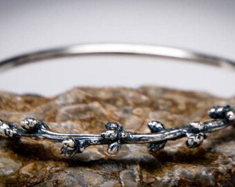 Peach Branch, Sterling Silver Bangle Bracelets, Patio Peach Branch, Patina Finish