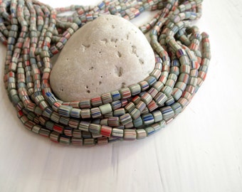 small matte striped seed beads, opaque green glass, ethnic spacer barrel tube, indonesian New Indo-pacific 3 to 6mm / 10 in strd,5Bb7-7