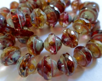 Czech Fuchsia & Amber with Picasso 8x10mm Faceted Fire Polished Glass Saturn Beads (15) 1170