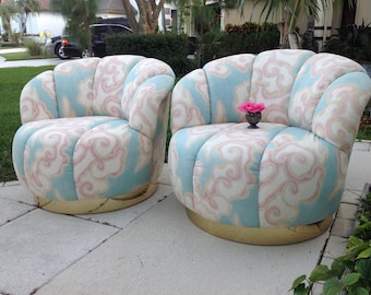 Luxe CHANNEL BACK SLIPPER CHAIRs with Brass Base /Pair of Brass Base Slipper Chairs A. Rudin Style /Mid Century Modern at Retro Daisy Girl