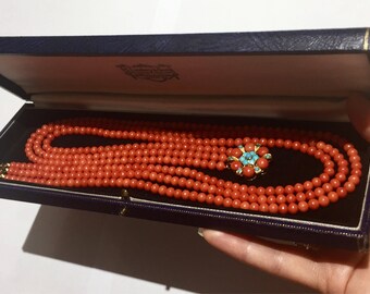 Red coral necklace vintage 60g RED natural no dye coral multi strand possibly persian turquoise 9k gold necklace