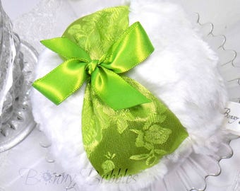 CHARTREUSE LIME Powder Puff | green sateen, ivory cream plush | gift box option | large pouf | handmade by Bonny Bubbles