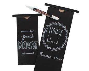 25 Small Half Pound Chalkboard Paper Lined Tin Tie Bags with Window - Food Safe - 3.375 X 2.5 X 7.75 Inches