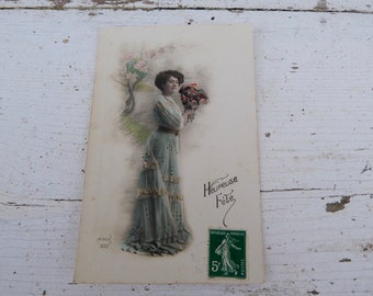 Antique 1900/1910s postcard French real photo recolored women with bouquet
