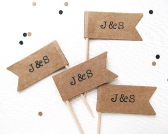 Personalized Cupcake Toppers, Kraft, Pennant Flag, Succulent Favor Pick, Wedding, Shower, Party Decor, Double-Sided, Nautical, Set of 15