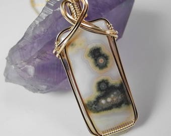 White and Green Ocean Jasper Pendant set in Gold Wire Wrap