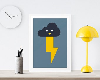 Lightning Bolt Print - Cloud Print, Baby Art Print, Weather, Boys Room Decor, Kids Room, Wall Art, Nursery Print, Blue