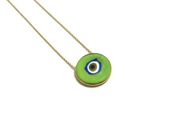 18K gold plated over silver 925 green evil eye necklace round pendant