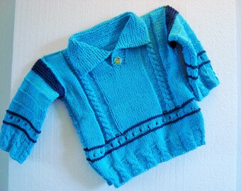 Pullover Gr. 74-80 gestrickt Strickpullover Strickjacke Jacke Junge Baby Kleinkind blau türkis Kragen