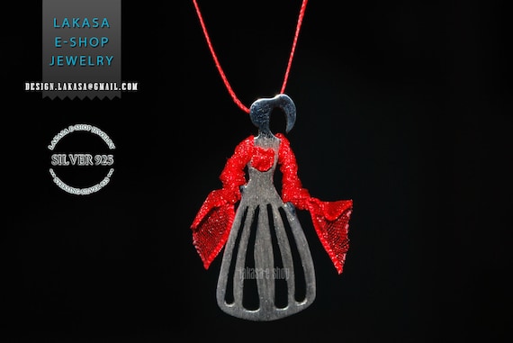 Woman Figure Princess Necklace Sterling Silver Handmade Jewelry Fine Greek Art Gift Flamingo Dance Espanol Spain Red Dress Princesa Regina