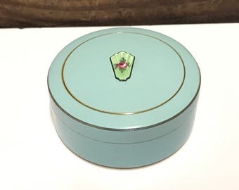 Antique Vanity Powder Box, Art Deco Green Enamel Powder Compact, Push Down Receptacle, Powder Puff and Powder, Antique Vanity Decor