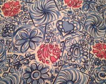 Vintage Quilting weight Cotton Fabric Hearts Flowers Blue Pink